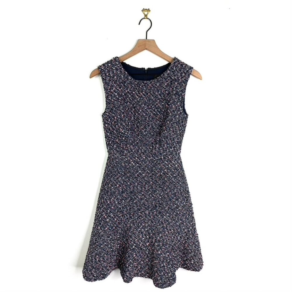 J. Crew Metallic Confetti Tweed Flounce Dress Navy Blue Size 000